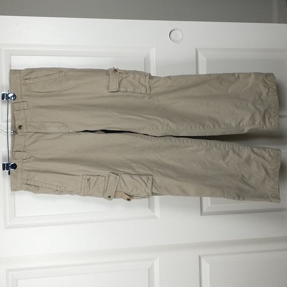 Eddie Bauer Men's tan plaid flannel lined khaki cargo pants size 34
